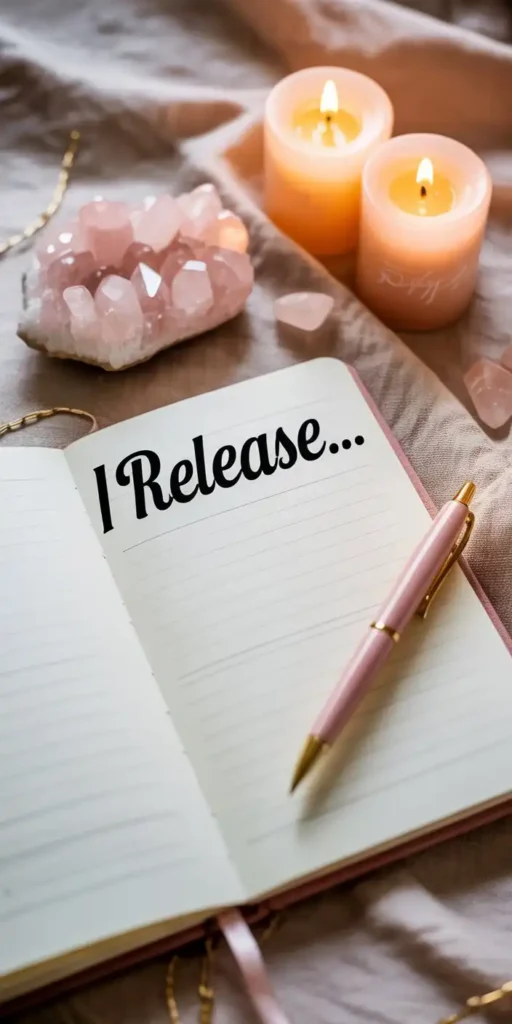 Flat lay of open journal with bold heading “I Release…” written.