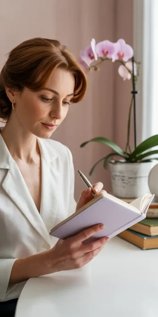 Middle-aged woman sitting thoughtfully at a white desk, soft blush background, holding a pastel journal and pen, looking introspective. Natural light, soft shadows, cozy feminine interior.