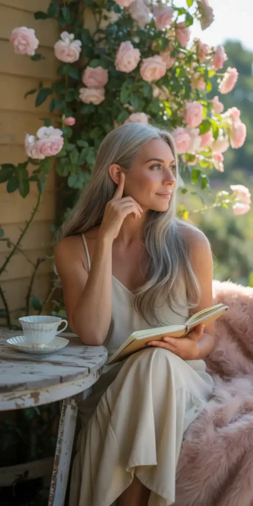 a woman sitting in her garden with a journal on her lap