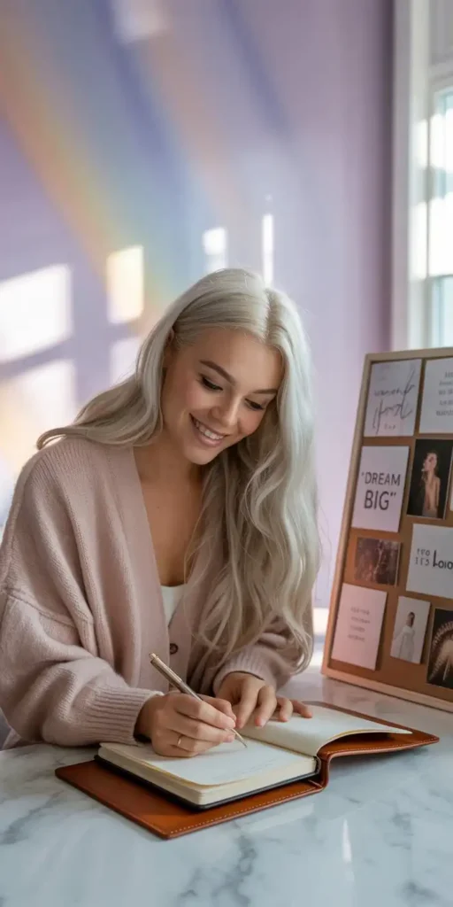 a woman writing in her manifestation journal in front of a vision board