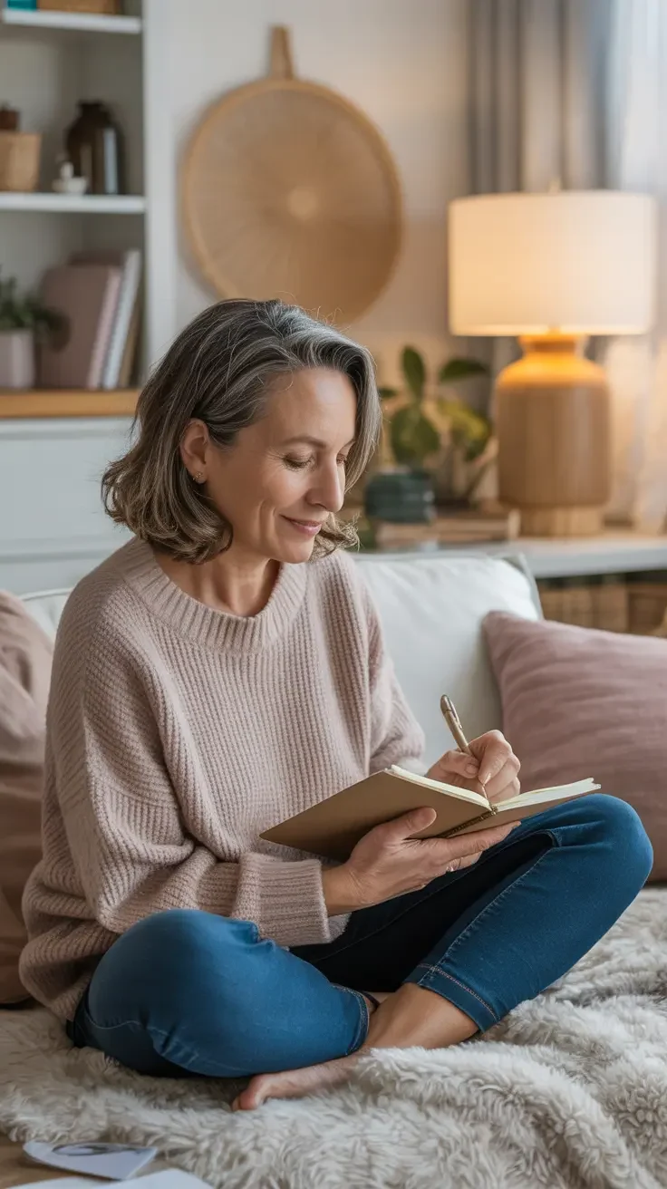 a woman grateful for her tiny and basic flat, manifesting her dream home