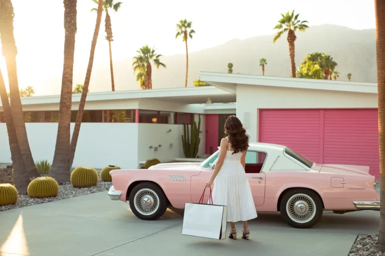 a woman in front of her dream palm springs mid-century house she manifested