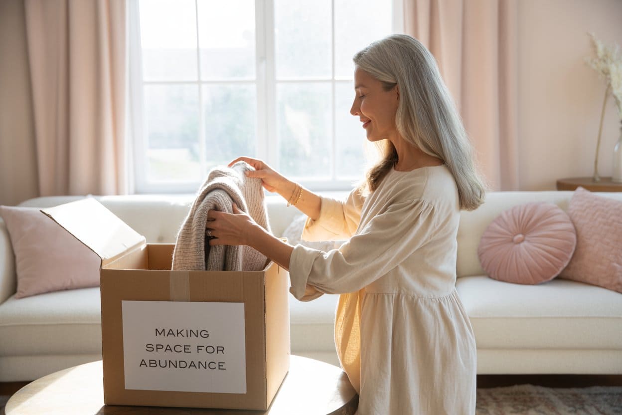 middleaged woman decluttering her house, putting things in a box with the label: making space for abundance