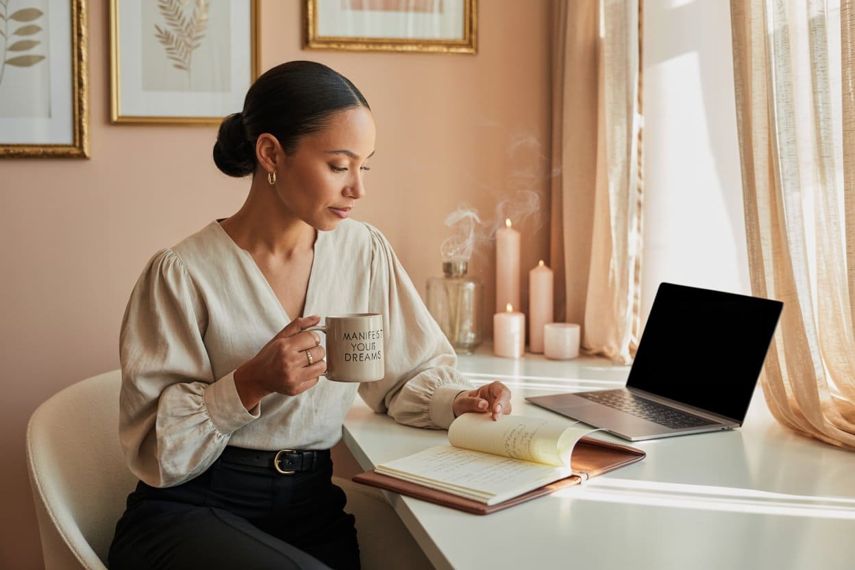 a woman writing in her manifestation journal, holding a cup that says: manifest your dreams