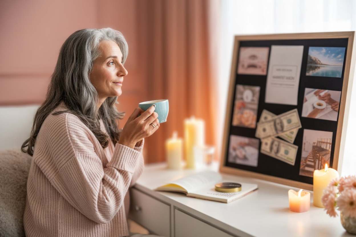 a woman working with her money manifestation vision board