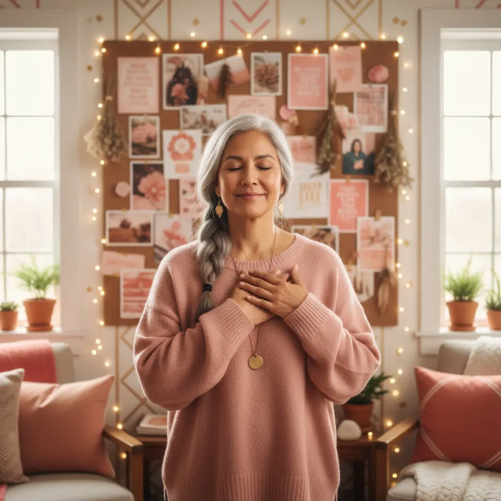 a woman practicing gratitude in front of her vision board