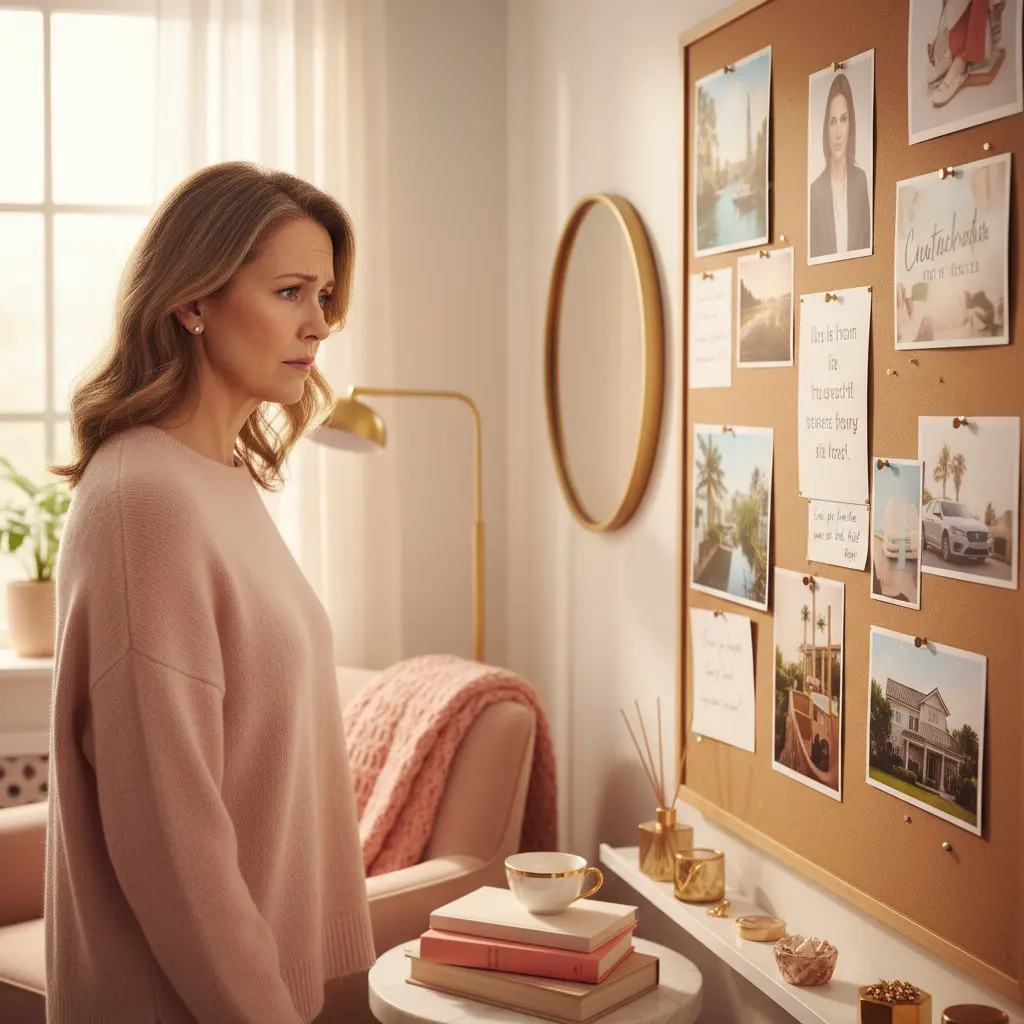 a woman looking at her vision board in disbelief