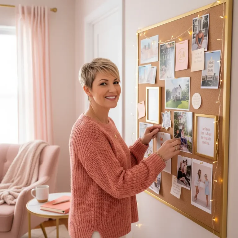 A woman in her 40s with short cute pixie hairstyle is looking at her vision board and smiling.