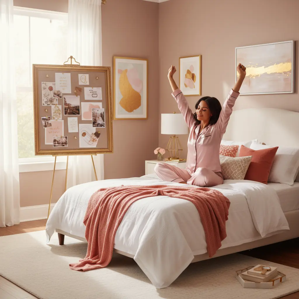 a happy woman after waking up to her vision board