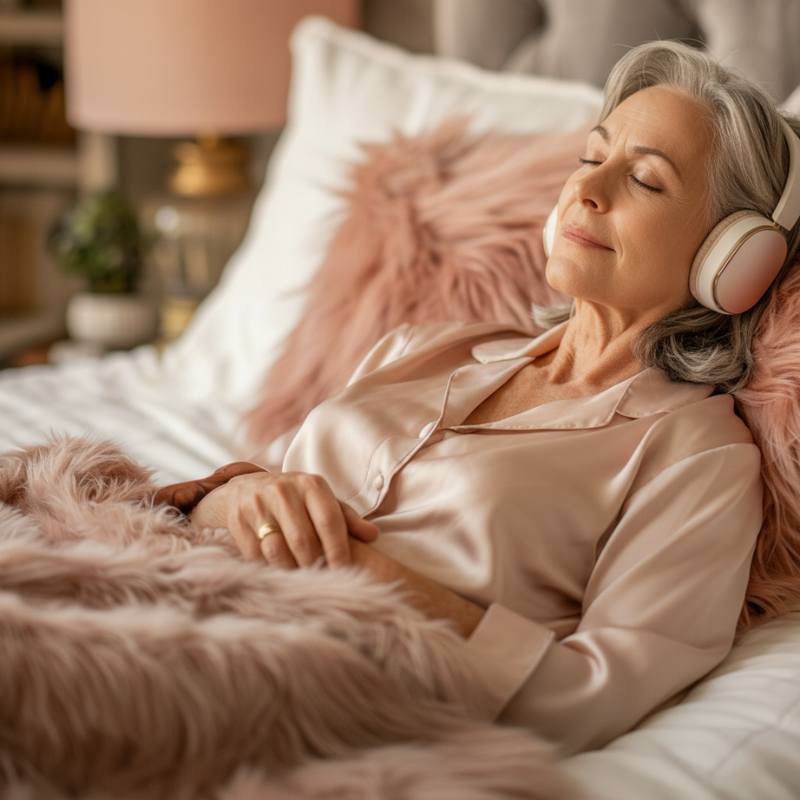 a woman listening to guided meditations while relaxing in bed