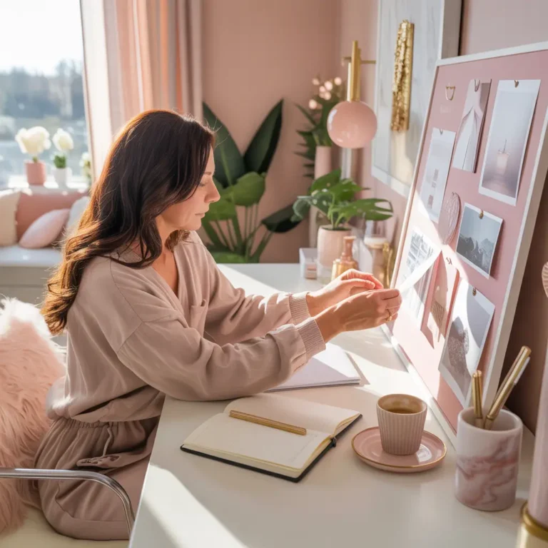 a woman is sitting at a white desk, thoughtfully placing images on a large vision board.