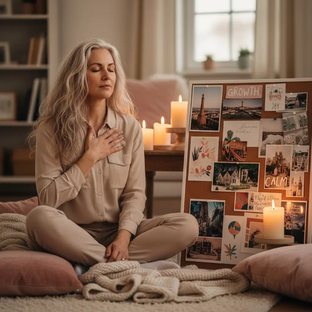 A mid-aged woman with grey-blonde long hair, sitting in front of her vision board, eyes closed with her hand over her heart, reflecting.