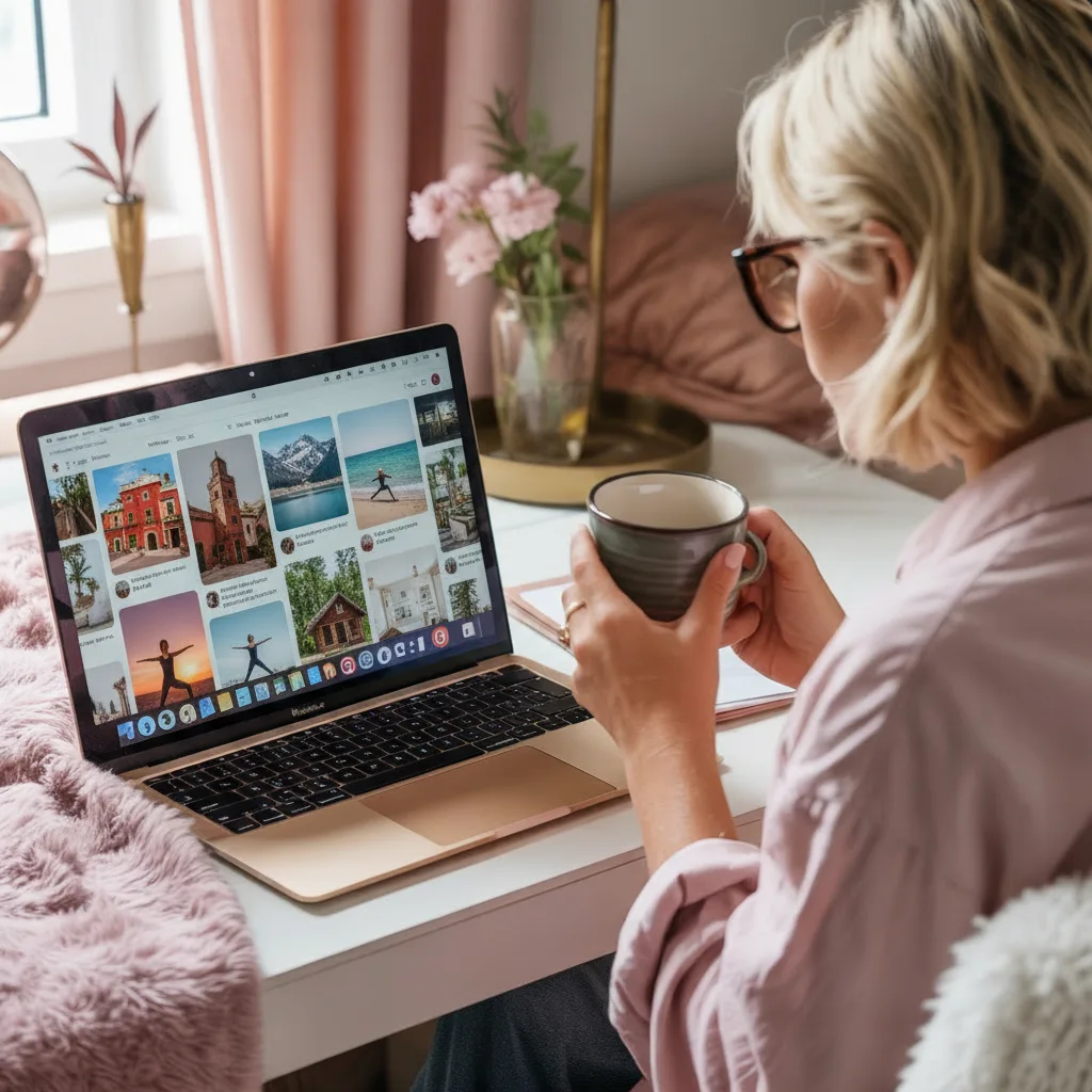 a woman choosing images for her pinterest vision board