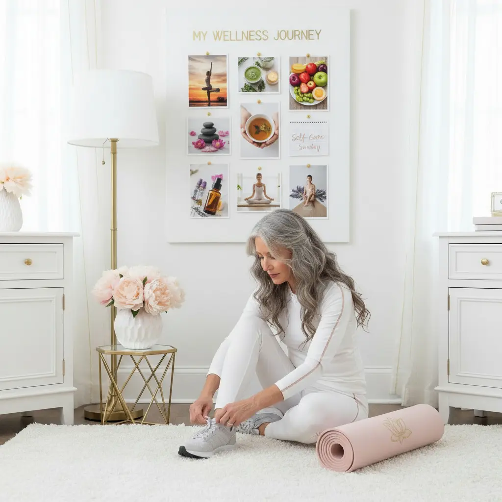 a woman with her wellness vision board
