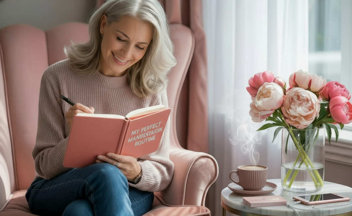 mid-aged woman writing into her 'perfect manifestation routine' planner