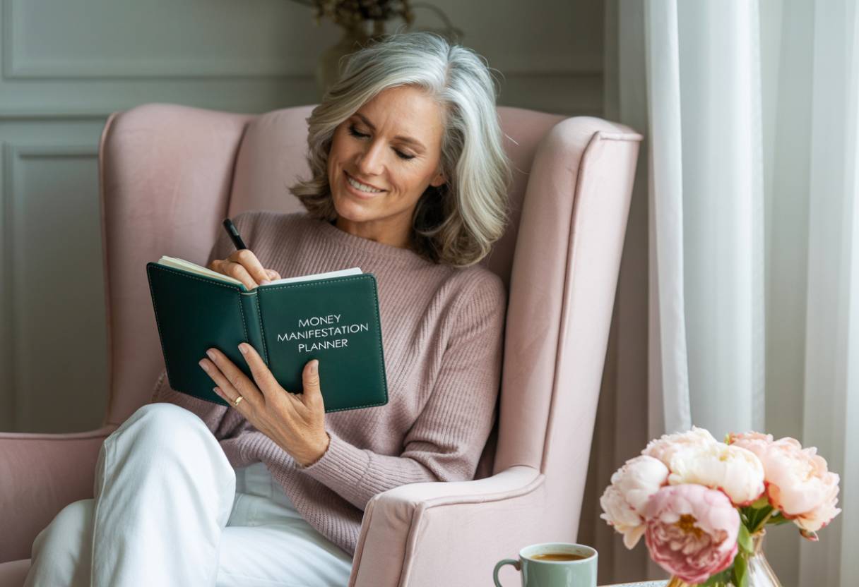 a woman writing into her money manifestation planner in her manifestation routine