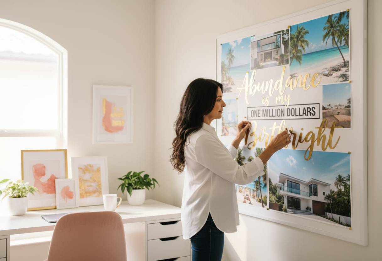 a woman creating a money vision board