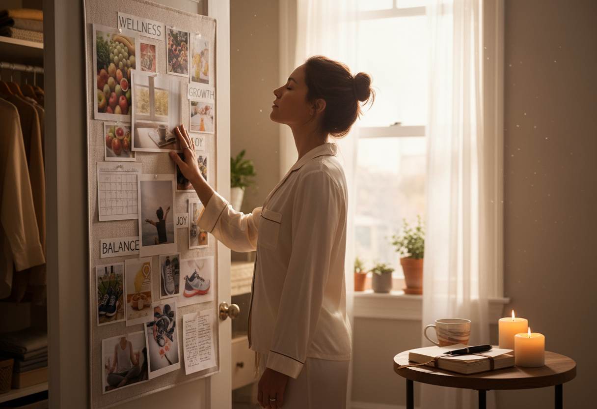 a woman in front of her health vision board