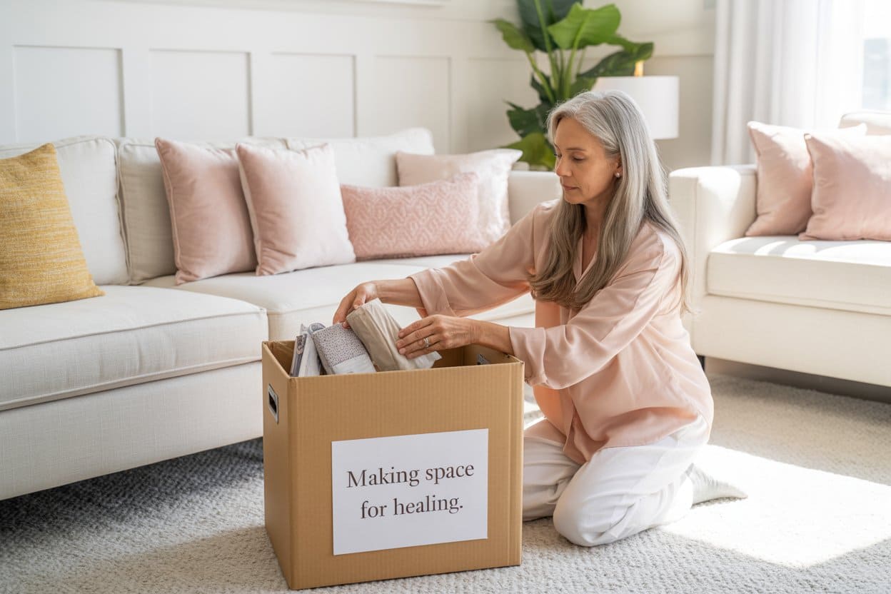 A woman in her fifties with long silver hair places items into a donation box labeled “Making Space for Healing” in a clean living room filled with blush, white, and gold tones, sunlight easing across the minimal space to suggest fresh energy and growing wealth.