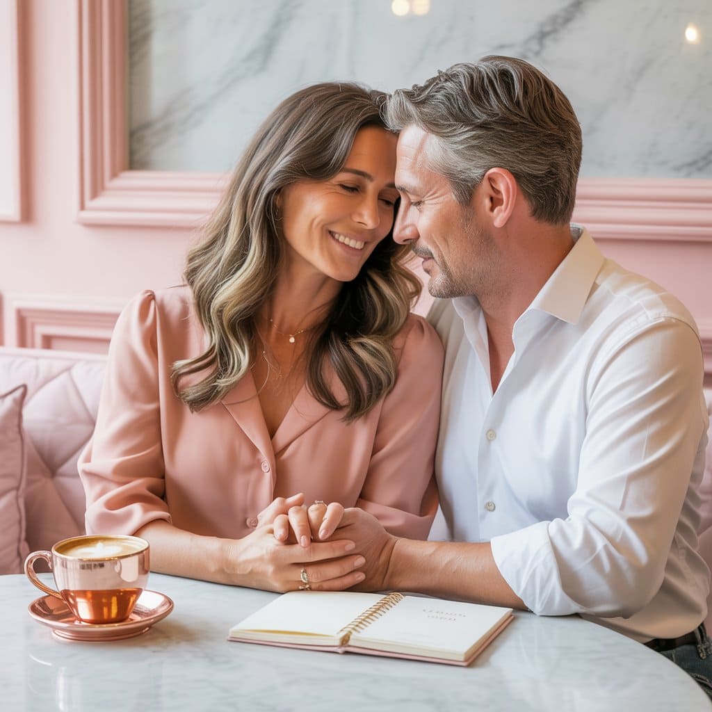 Couple in a soft pink and marble café holding hands over a table, warm light around them, her coral blouse and his white shirt adding to the ease between them, a rose gold cup and vision journal nearby creating a feeling of steady, aligned love.