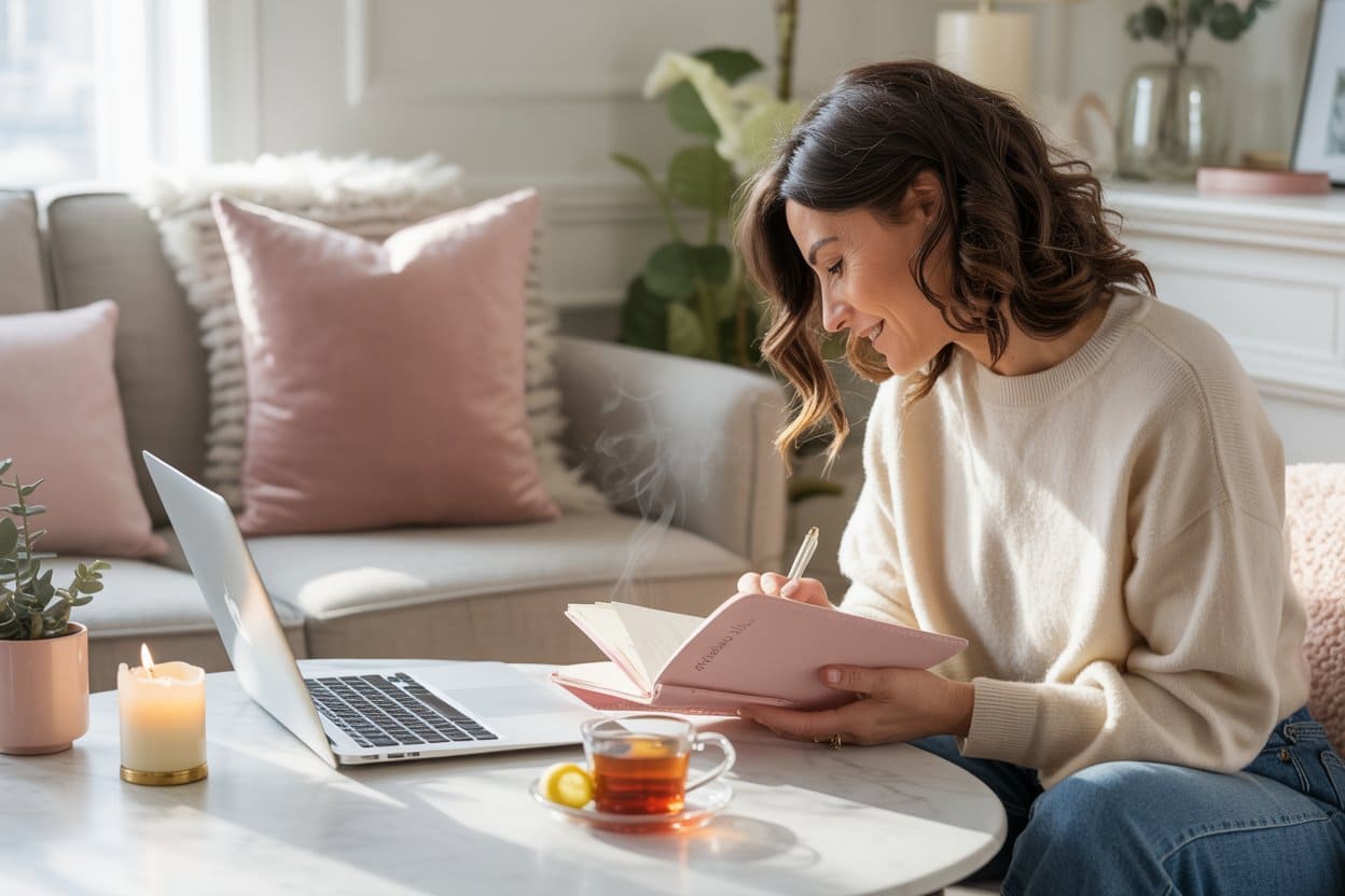 Cozy home with a woman writing in a pink manifestation journal beside a laptop, candle, and tea with lemon.