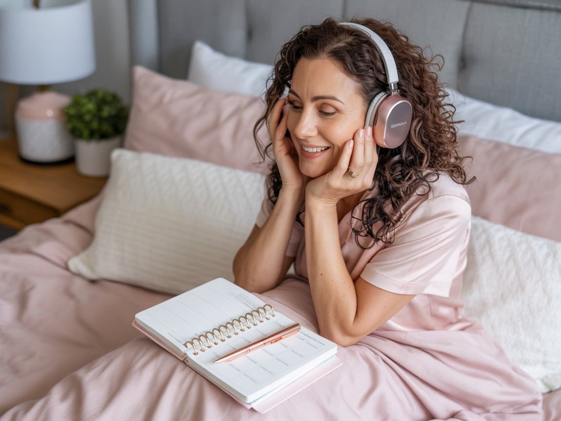 a woman listeining to affirmations while in bed