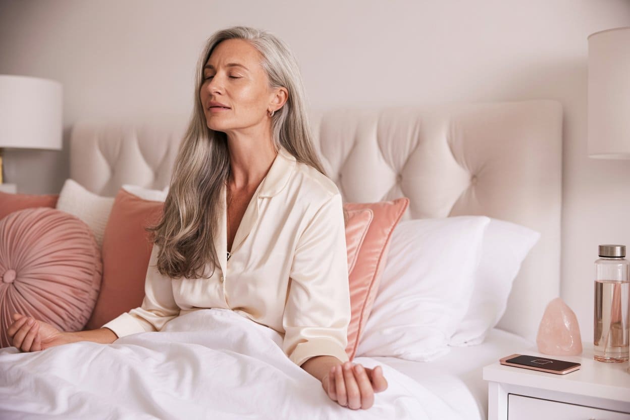 Mid-aged woman with long silver hair resting in bed, eyes closed, listening to a guided meditation amid soft cream bedding and coral pillows.