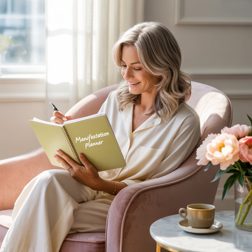 a woman writing into her gratitude manifestation planner