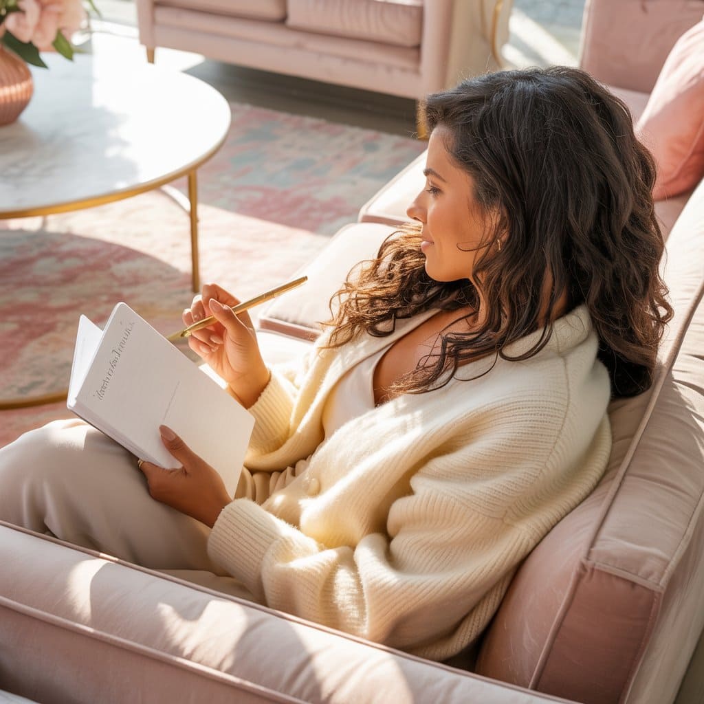 A woman in her early forties with wavy dark hair and warm brown skin curls up on a blush velvet sofa, holding a manifestation journal and gold pen as sunlight softens the chic pink and marble space around her.