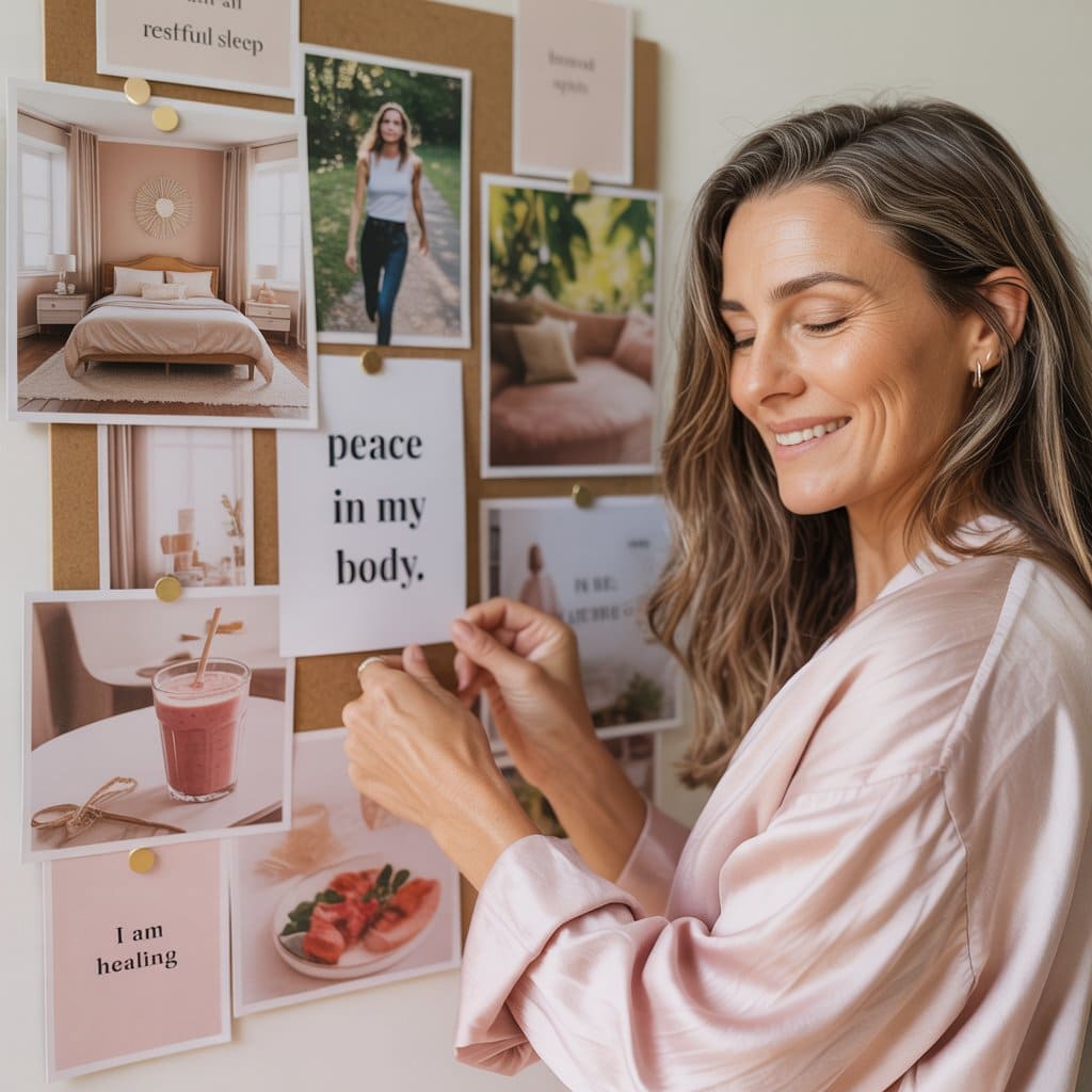 A woman with long brown hair pins a “Peace in My Body” card onto a blush and gold vision board filled with cozy, personal images, the scene warm and intentional.