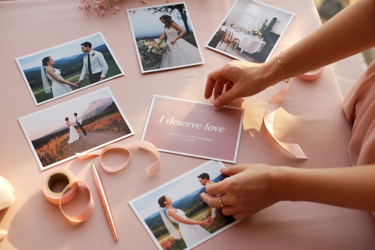 a woman creating a wedding vision board