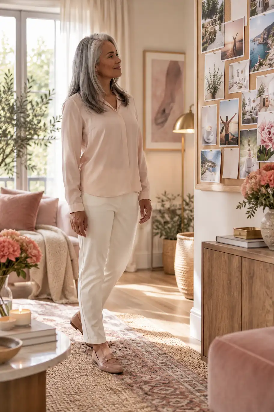 woman looking at her vision board and waiting for manifestation signs