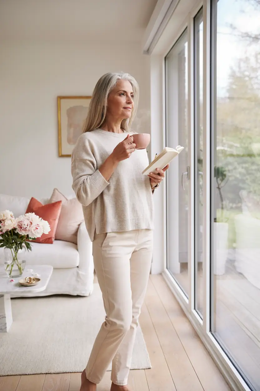 A photograph of a confident woman in her early 50s waiting for he manifestations to arrive