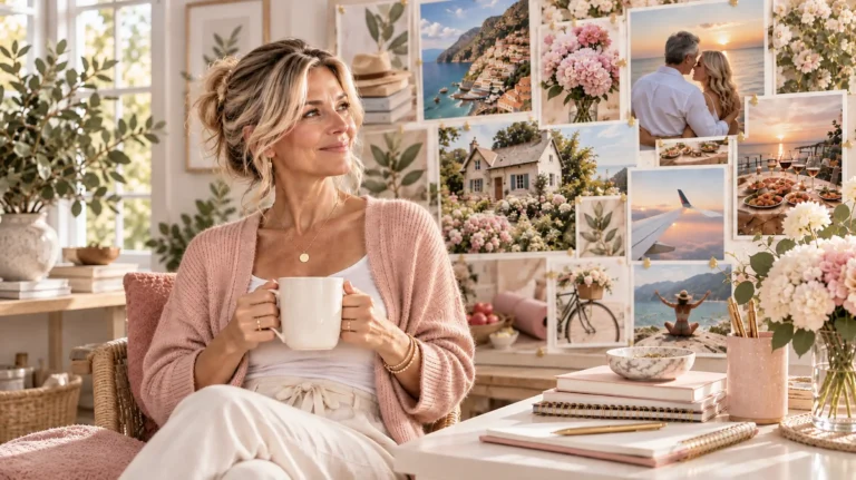 mid-aged woman in front of her vision board