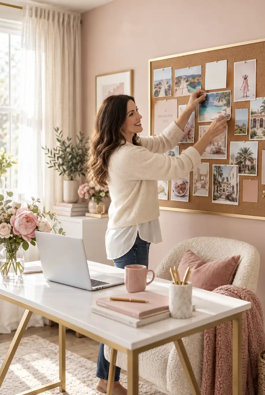 a women in front of her vision board
