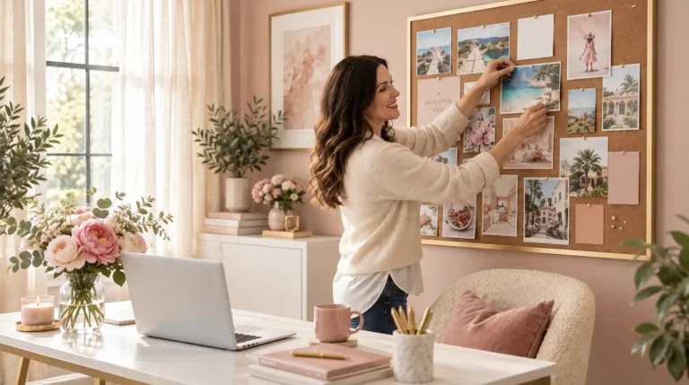 a women in front of her vision board