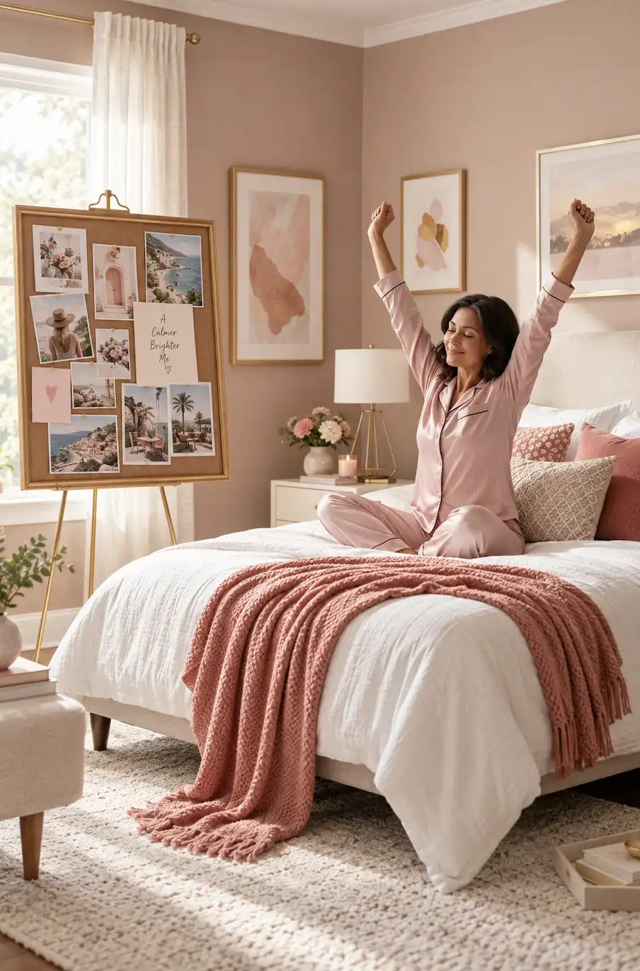 a women in front of her vision board