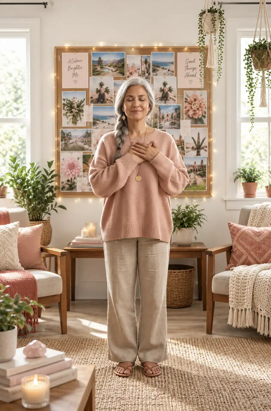 a women practicing gratitude in front of her vision board