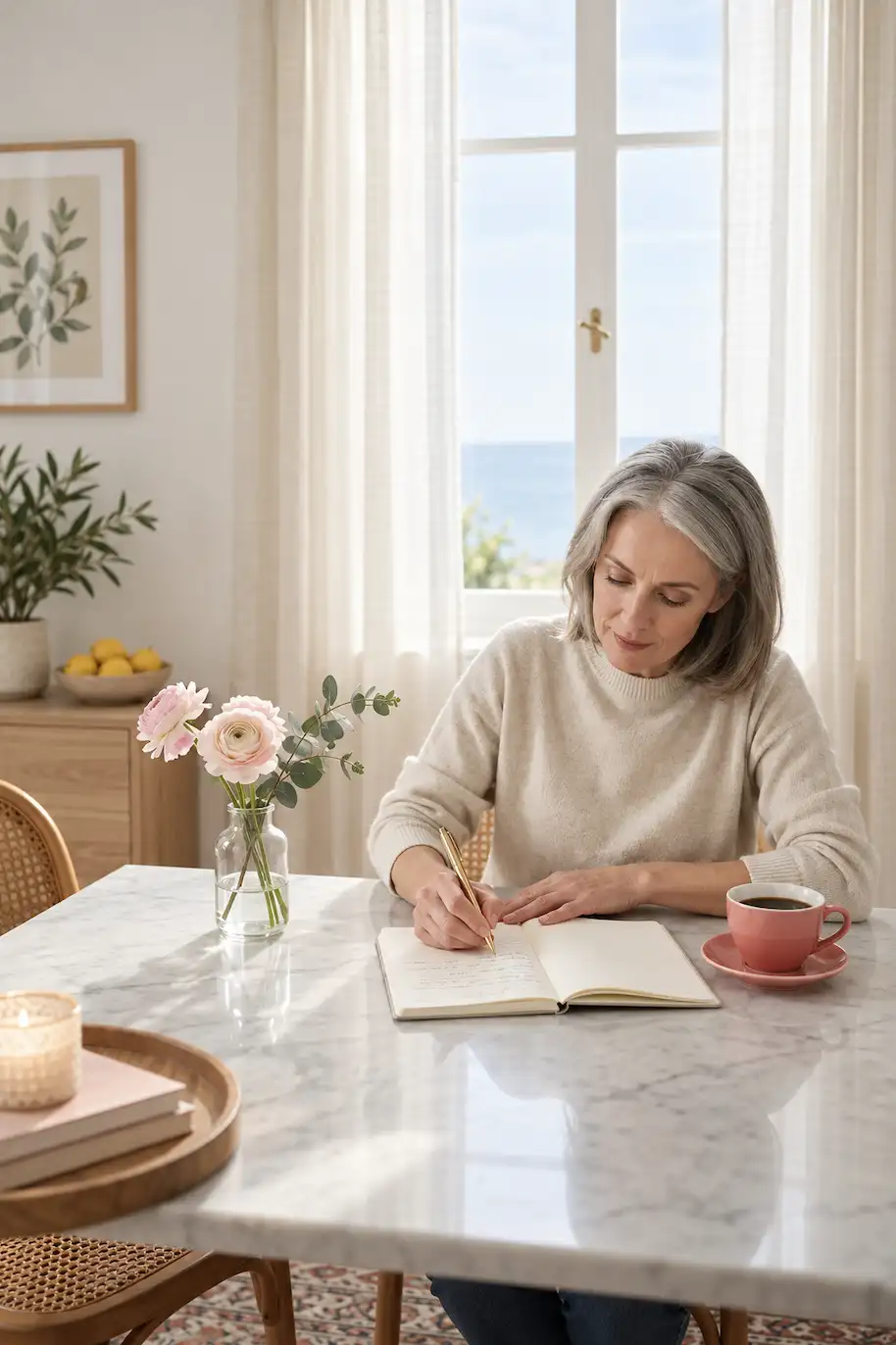 a woman doing the 55x5 manifestation method in her journal