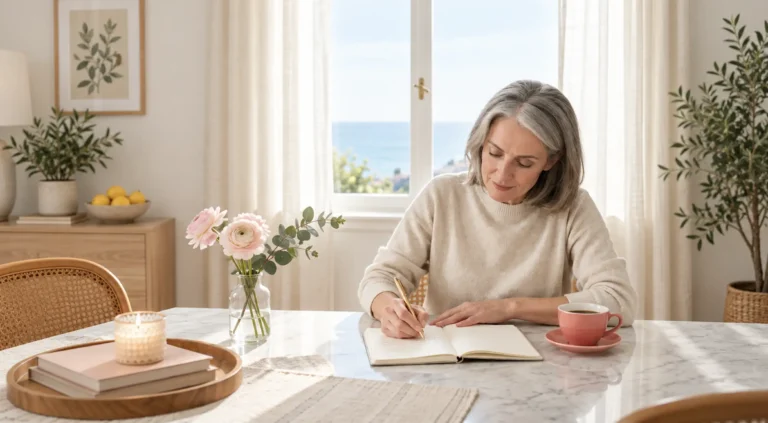 a woman doing the 55x5 manifestation method in her journal