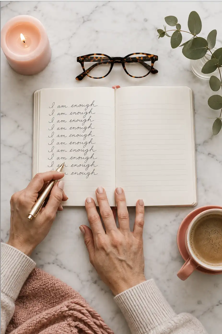 a woman doing the 55x5 method in her manifestation journal