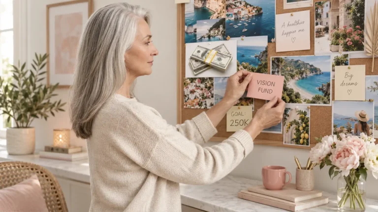 a woman with her lottery win vision board