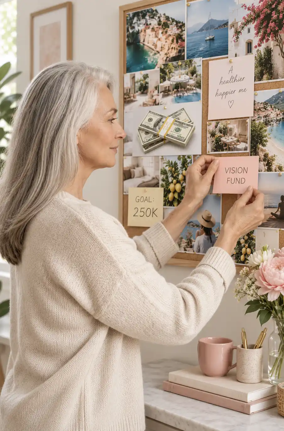 a woman with her lottery win vision board