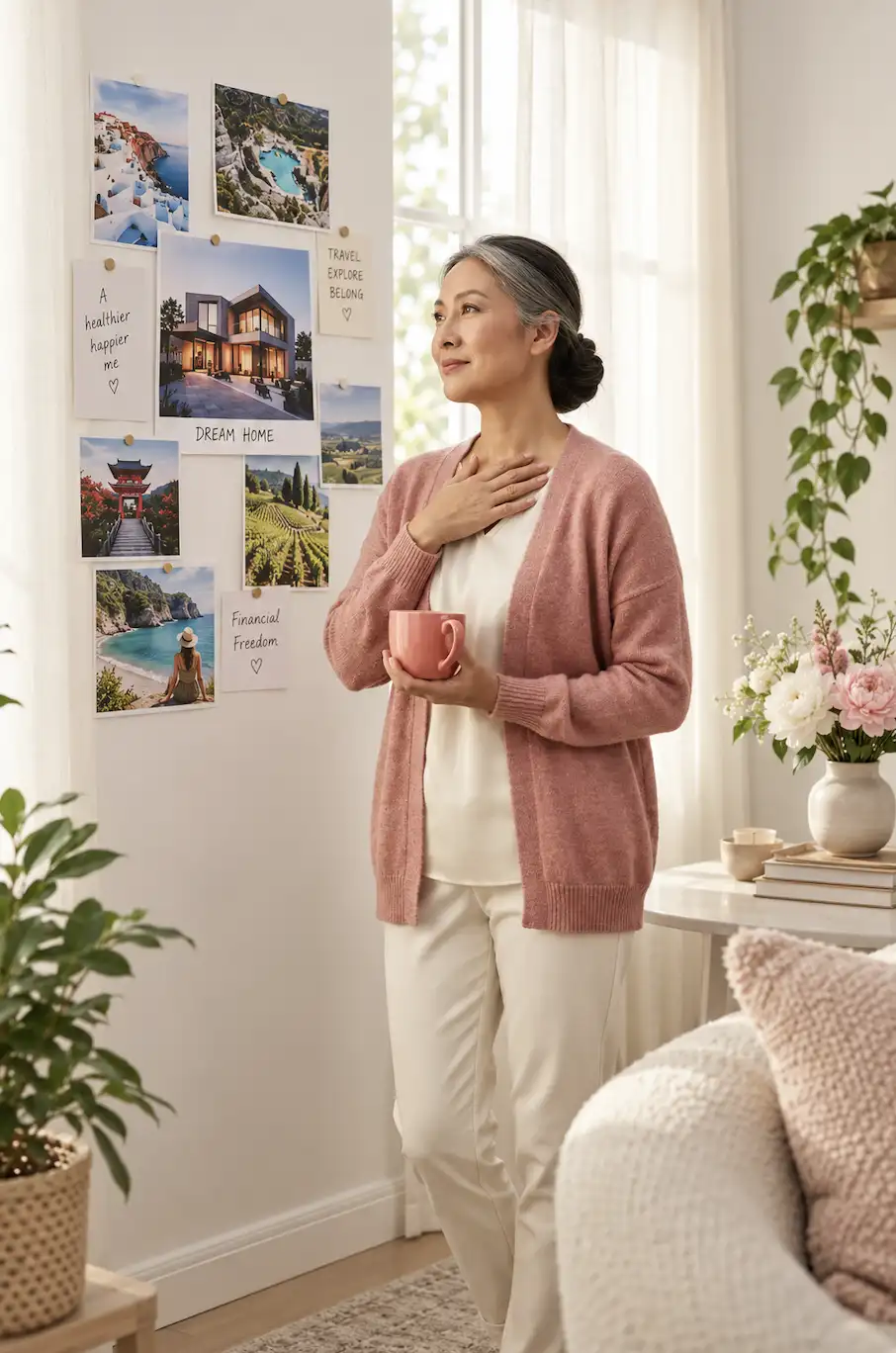 a woman with her lottery win vision board