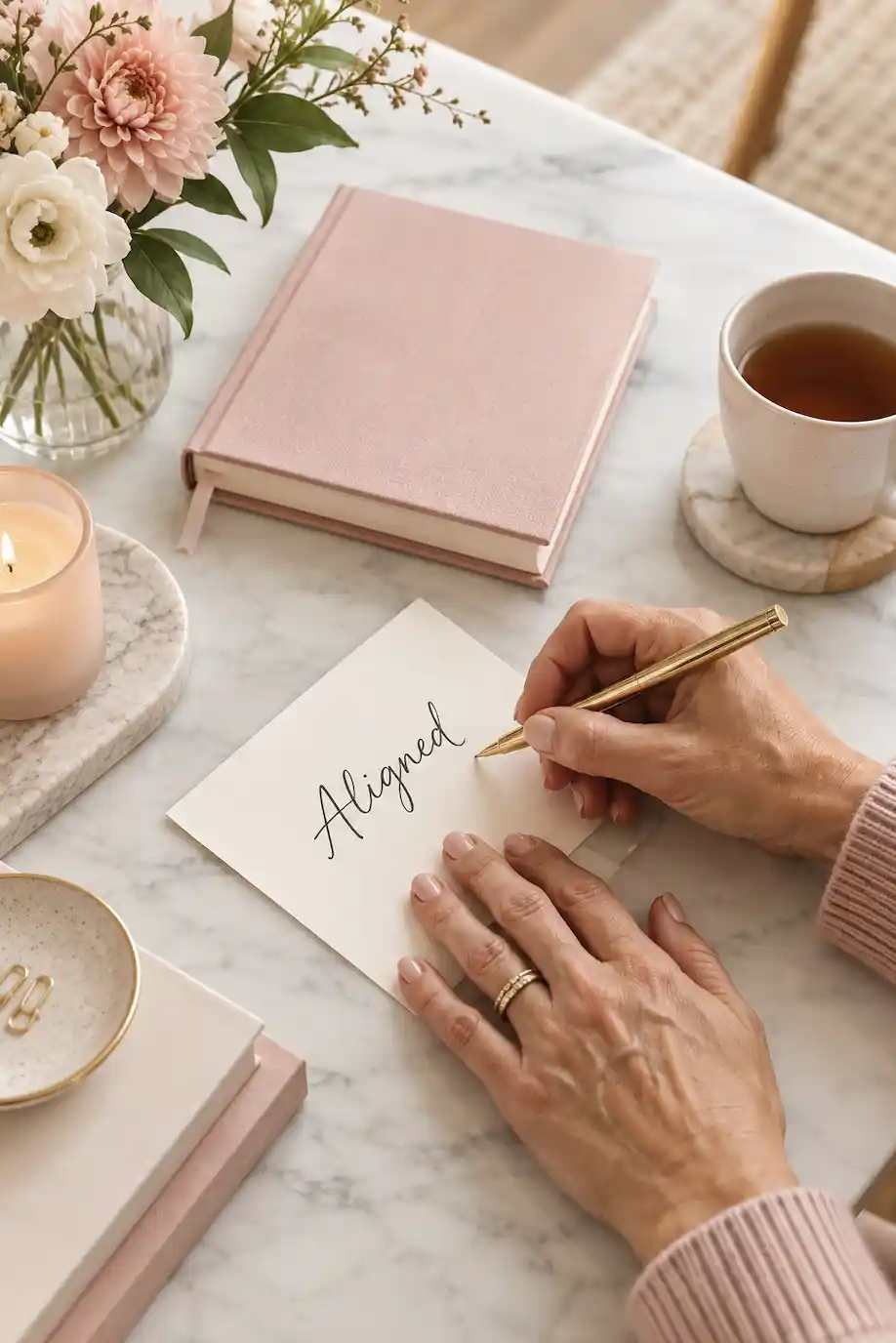 woman writing aligned into her manifestation journal