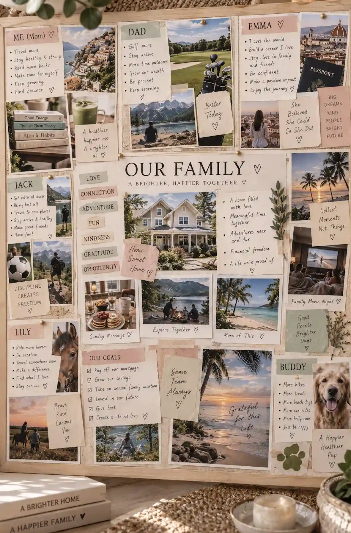 Family vision board with individual dream sections and shared family goals in the center.