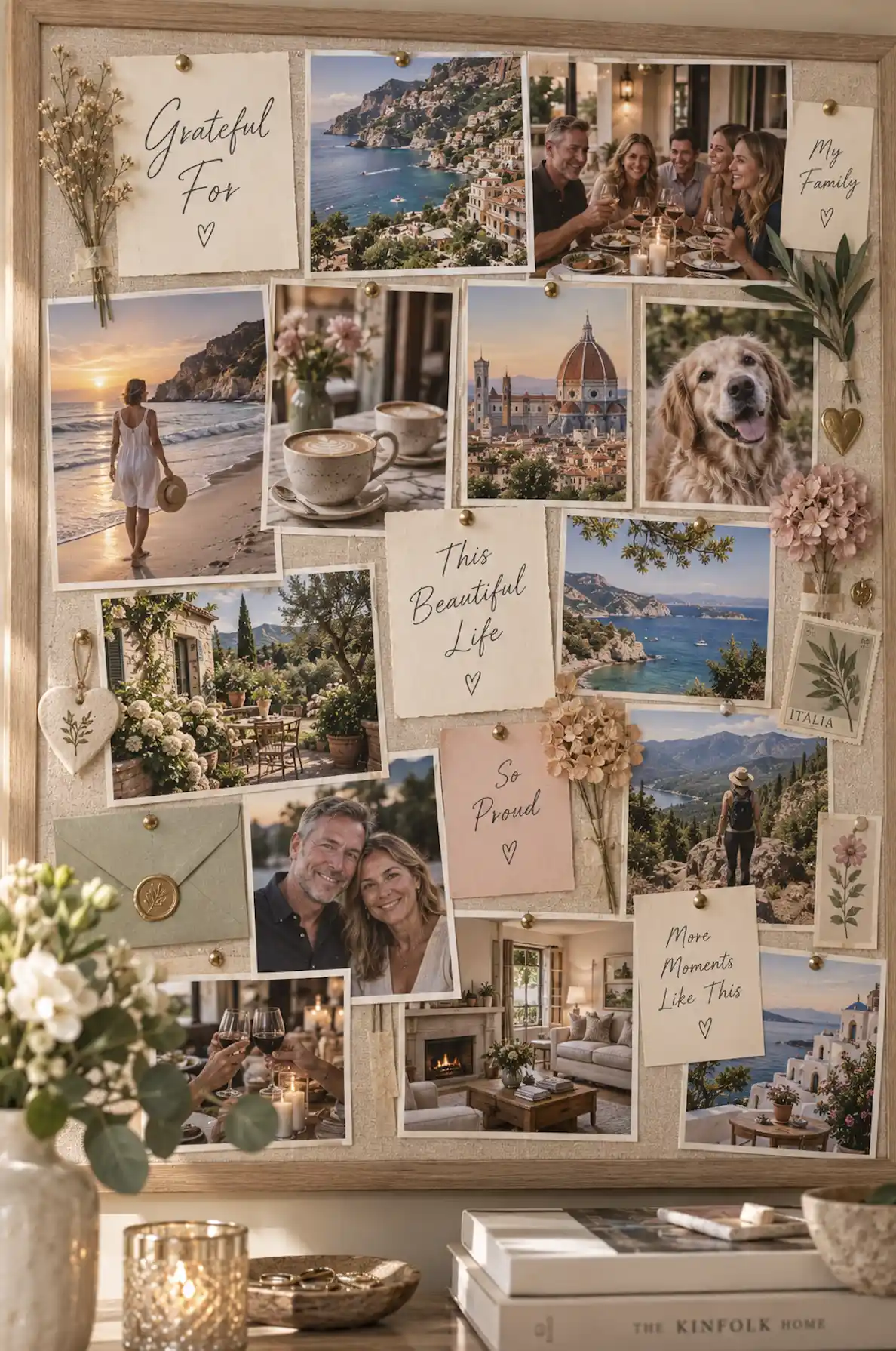 Aesthetic gratitude vision board with photographs, memories, keepsakes and handwritten gratitude notes.