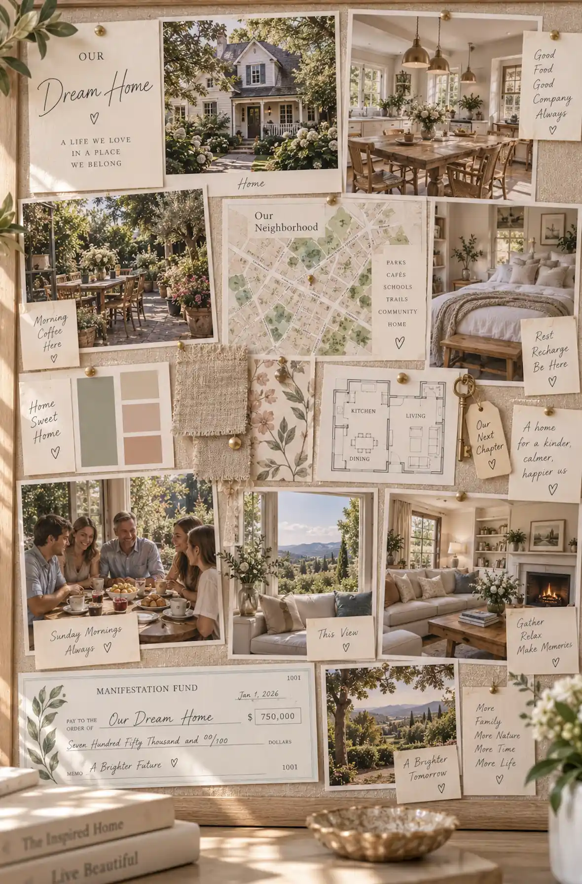 Dream home vision board with room inspiration, neighborhood map, paint swatches and everyday lifestyle moments.