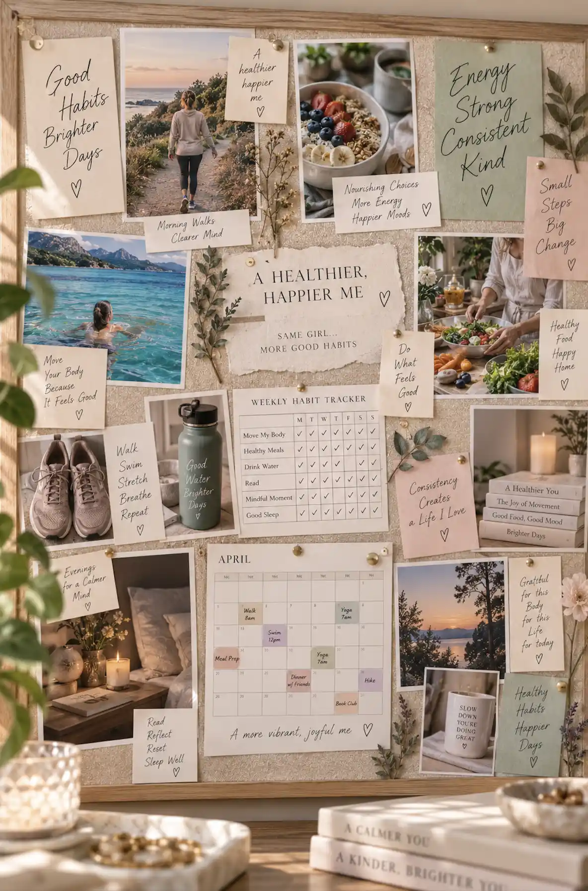 Good habits vision board showing healthy routines, movement, meals, rest and everyday actions.