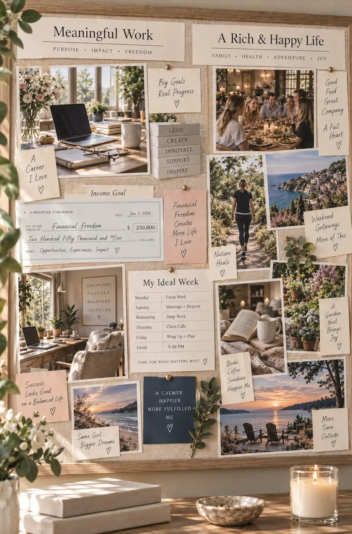 Work-life balance vision board with career, money, family, hobbies, travel and rest.